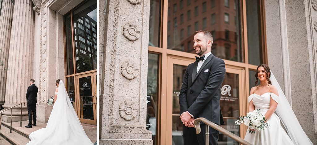 Bride first look at Sixty State Place wedding