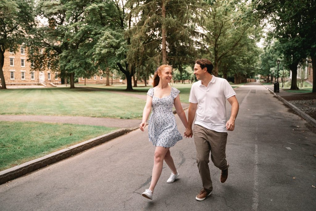 walking around hamilton college engagement session