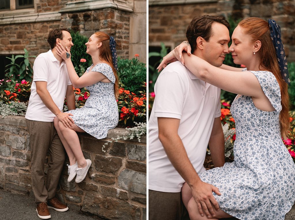 hamilton college engagement session with flowers in the background