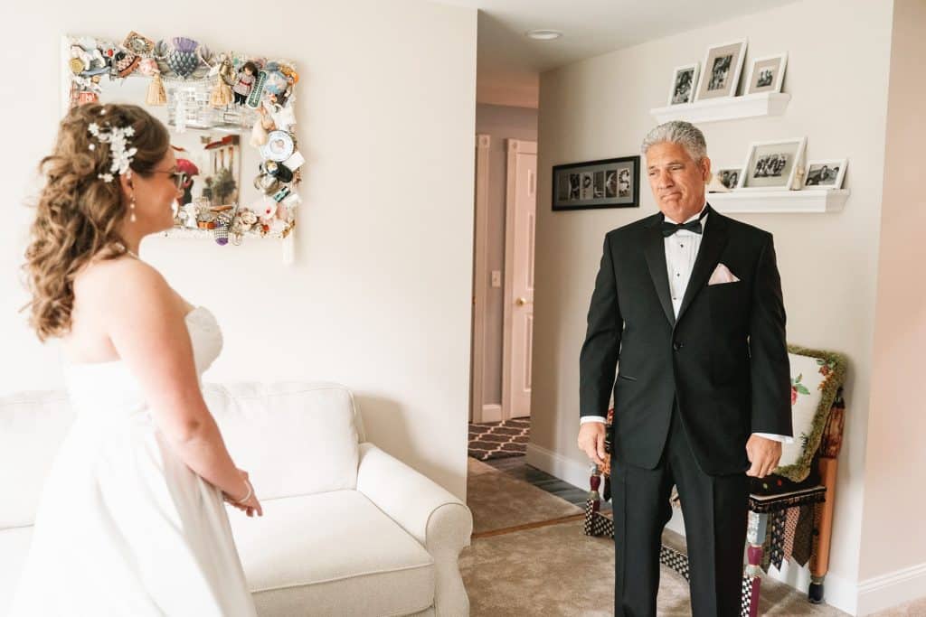 bride first look with father for sky armory wedding