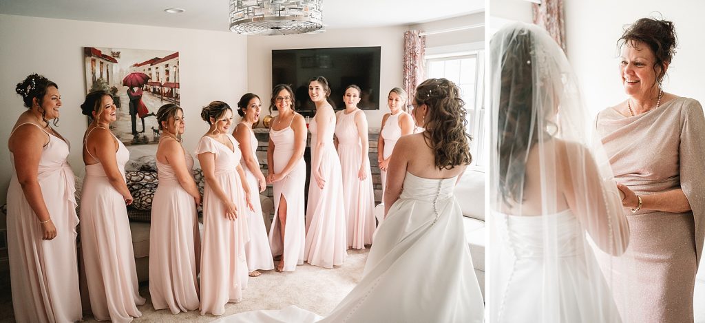 bride first look with bridesmaids for sky armory wedding