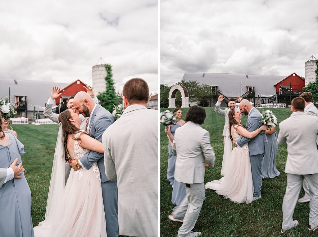 upstate ny barn wedding with bride and groom entourage