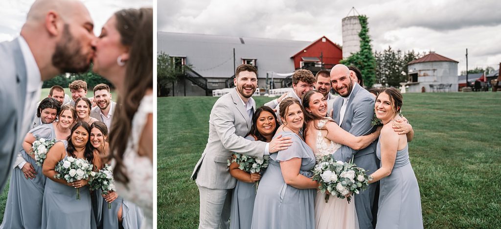 upstate ny barn wedding with bride and groom entourage