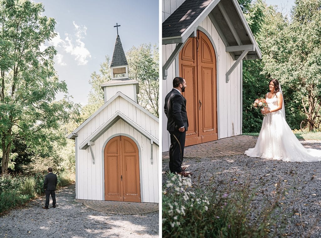 Hayloft on the Arch Summer Wedding bride first look with groom