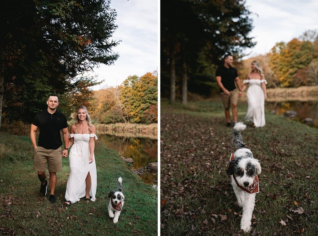 Adirondack fall engagement session with the couple's pup.