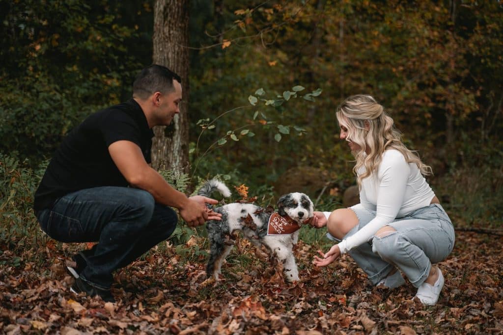 Adirondack fall engagement session with the couple's pup.