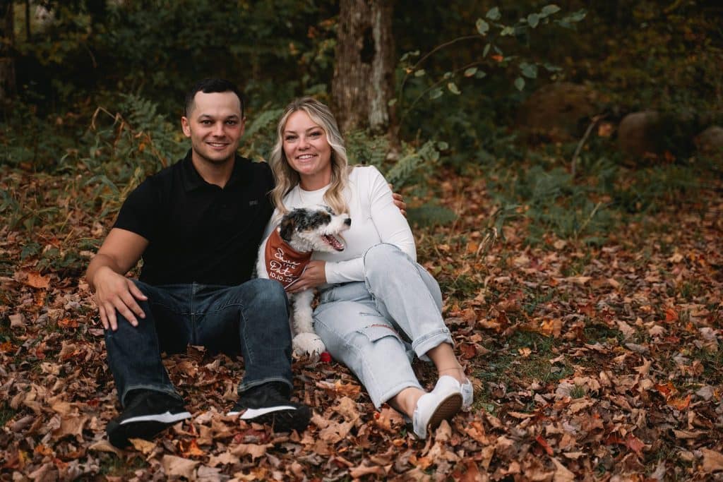 Adirondack fall engagement session with the couple's pup.