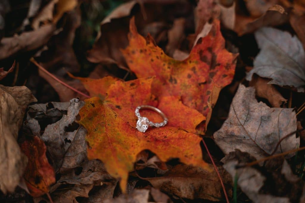 Engagement ring laid on top of an orange fall leaf