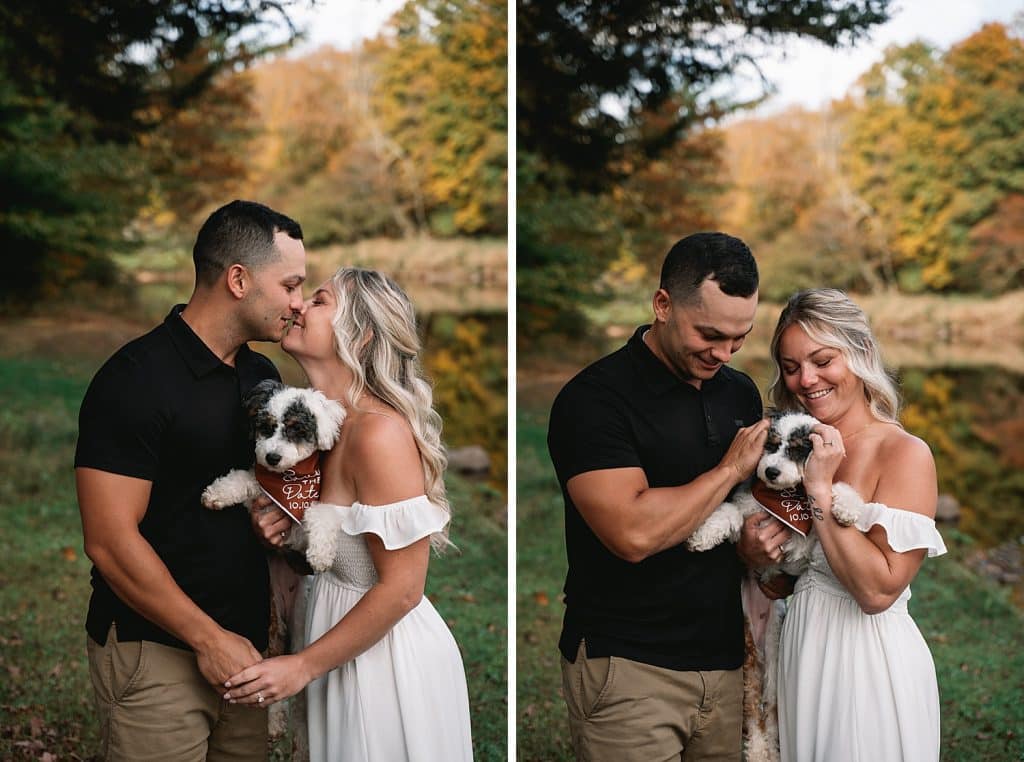 Adirondack fall engagement session with the couple's pup.